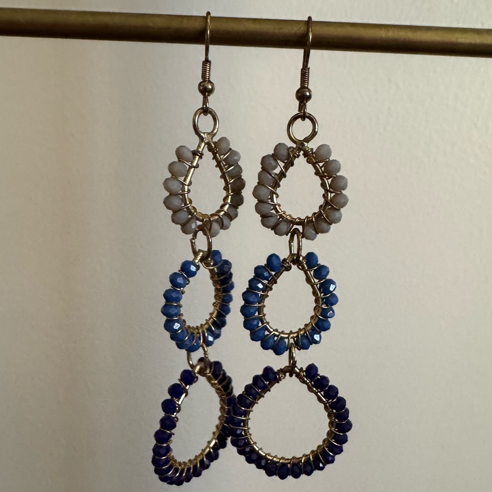 Triple Teardrop Beaded Dangle Earrings in Gray and Blue